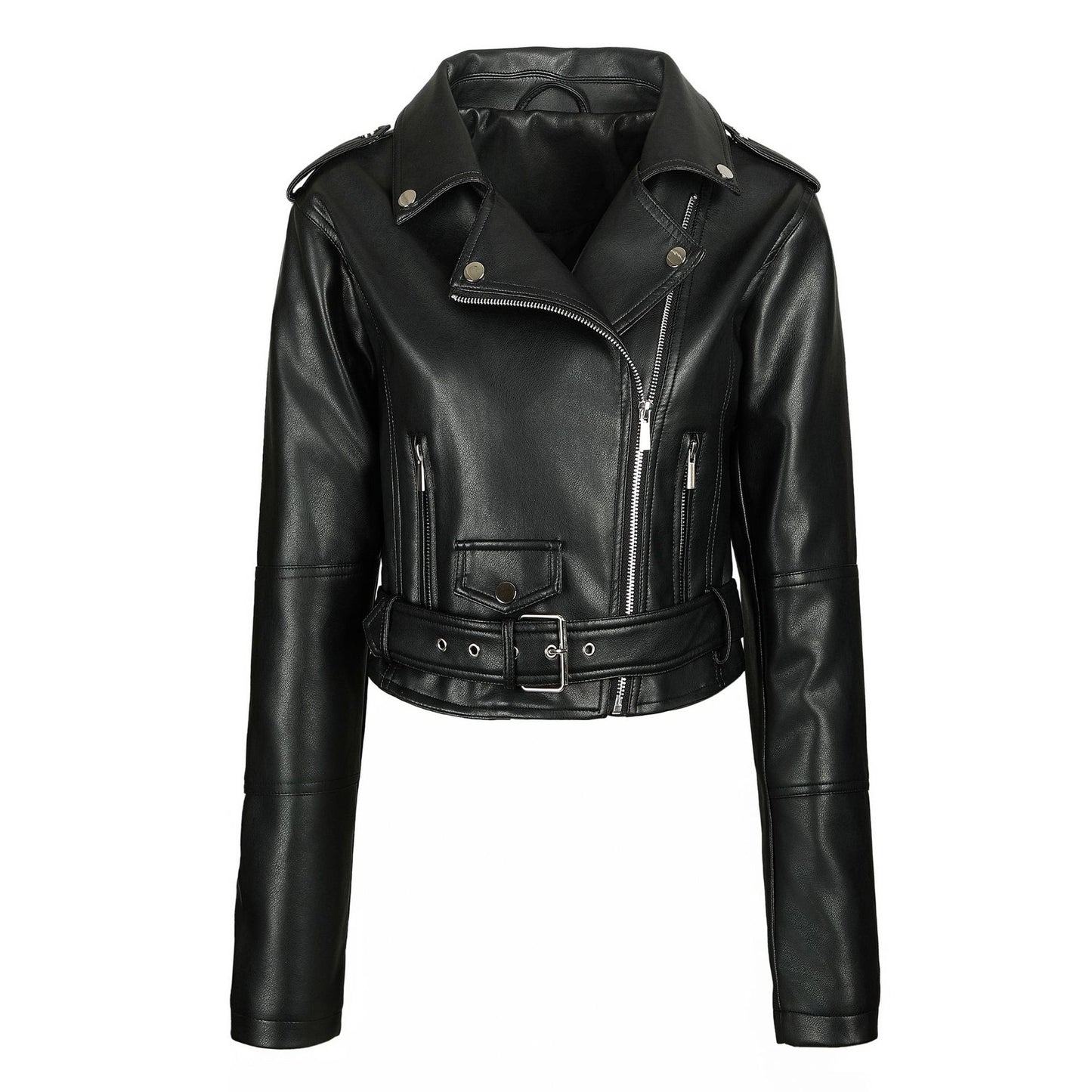 Women's Locomotive Style Leather Lapel Zipper Belt Jackets