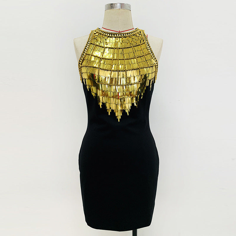 Fashion Metal Sheet Beads Rhinestones Stretch Dress
