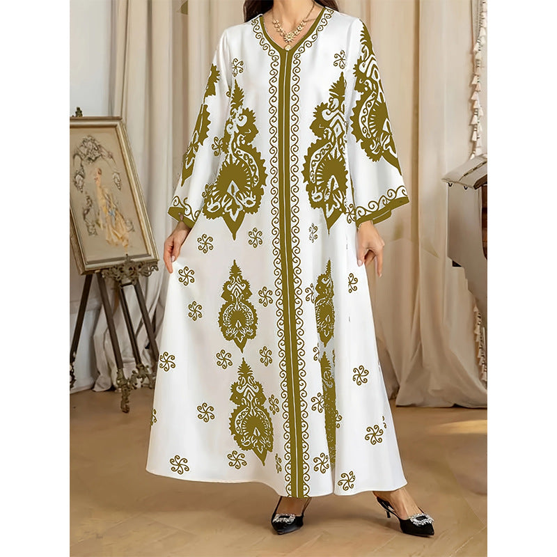 Printed Long Lantern Sleeve Casual Lace Beach Dress