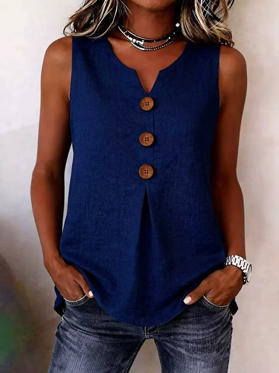 Classic Women's Cotton Linen Button Sleeveless Women's T-shirt