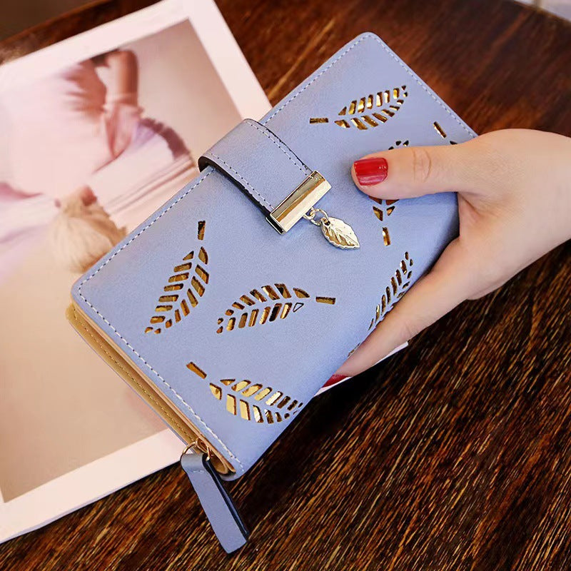 Women's Classic Leaf Hollow Design Material Zipper Ladies Wallets