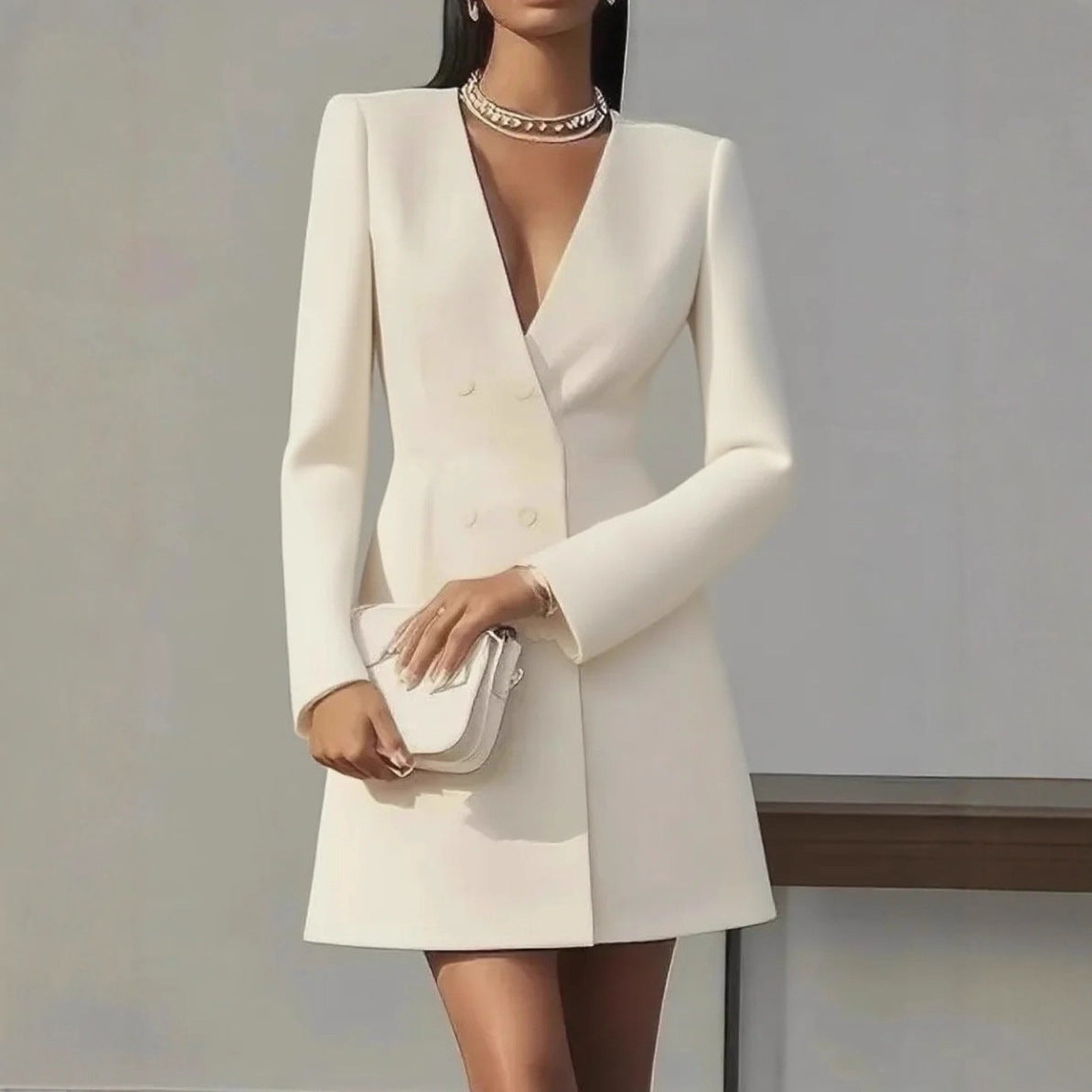 Women's Double Breasted Solid Color French Long-sleeved Dress