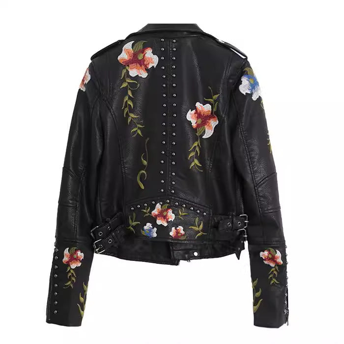 Women's Spring Embroidered Rivet Leather Embroidery Machine Coats