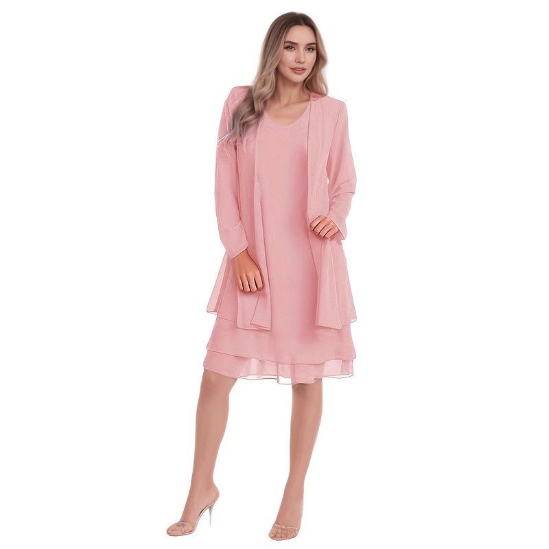 Women's Spring Chiffon Stitching Long Sleeve Mid-length Dresses