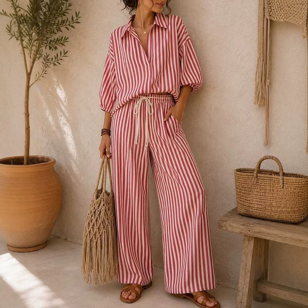 Women's Summer Striped Long-sleeved Loose Two-piece Fashion Casual Suit