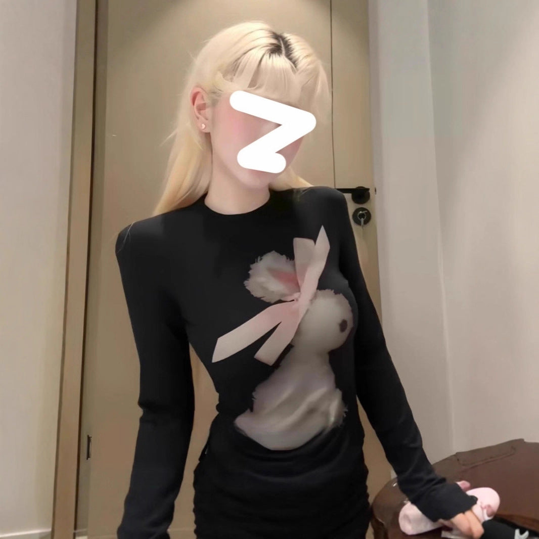 Bunny Personalized Printed Long Sleeve Slim Waist Stretch Beautiful Women's T-shirt