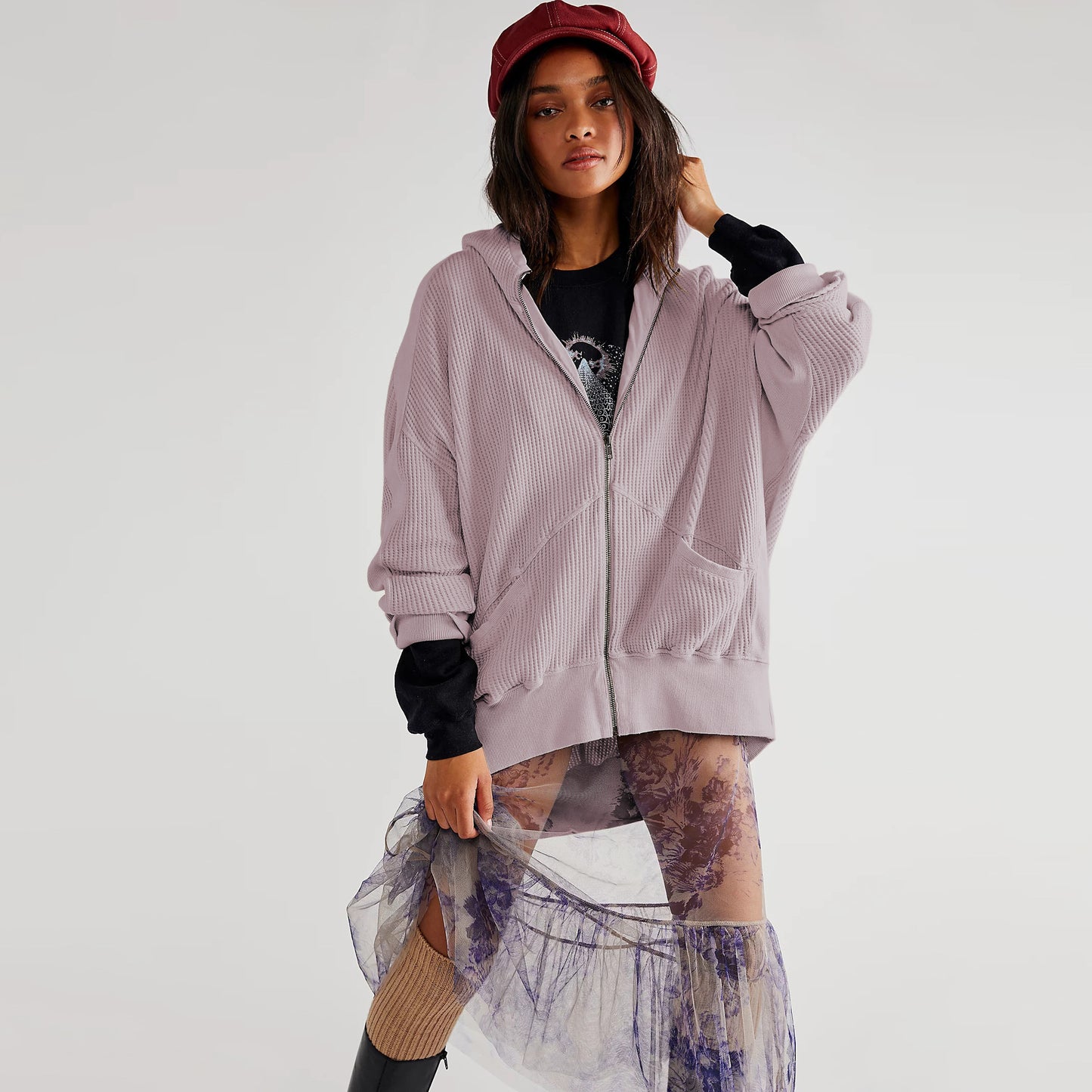 Women's Waffle Zipper Idle Style Loose Wear Cardigans