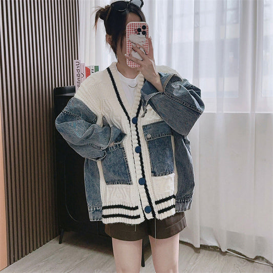 Women's Denim Patchwork Knitting Clothes Thickening Leisure Knitwear
