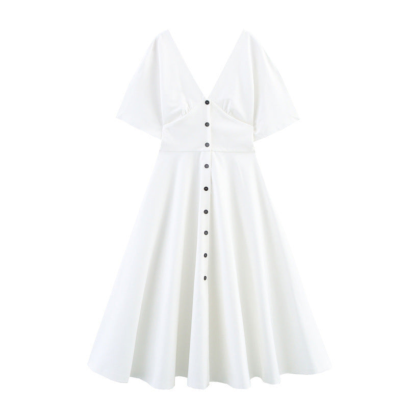Women's Fashion Button Decoration Waist Solid Color Dresses