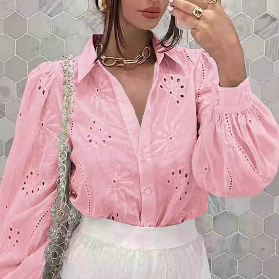 Women's Single-breasted Solid Color Embroidered Long-sleeved Lapel Sweaters