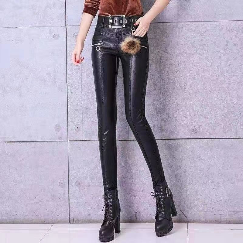 Women's Leather Outer Perforating Fleece-lined Thickened Elastic Pants