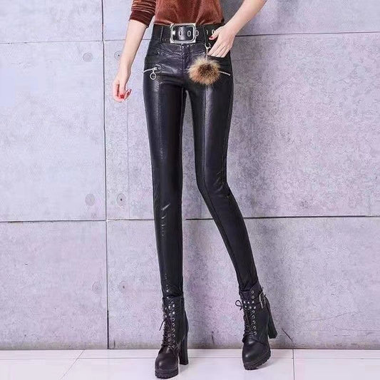 Women's Leather Outer Perforating Fleece-lined Thickened Elastic Pants
