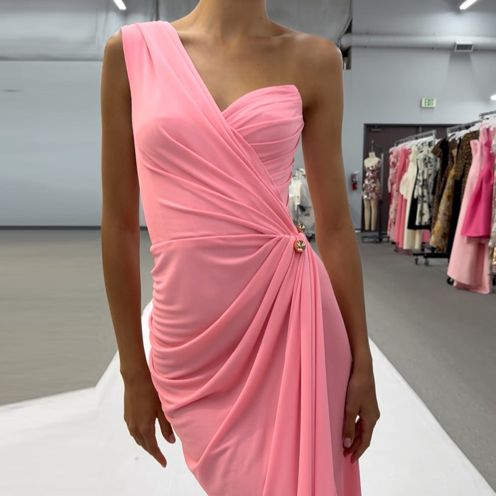 Women's Sexy Diagonal Collar Pleated Dinner Dress Dresses
