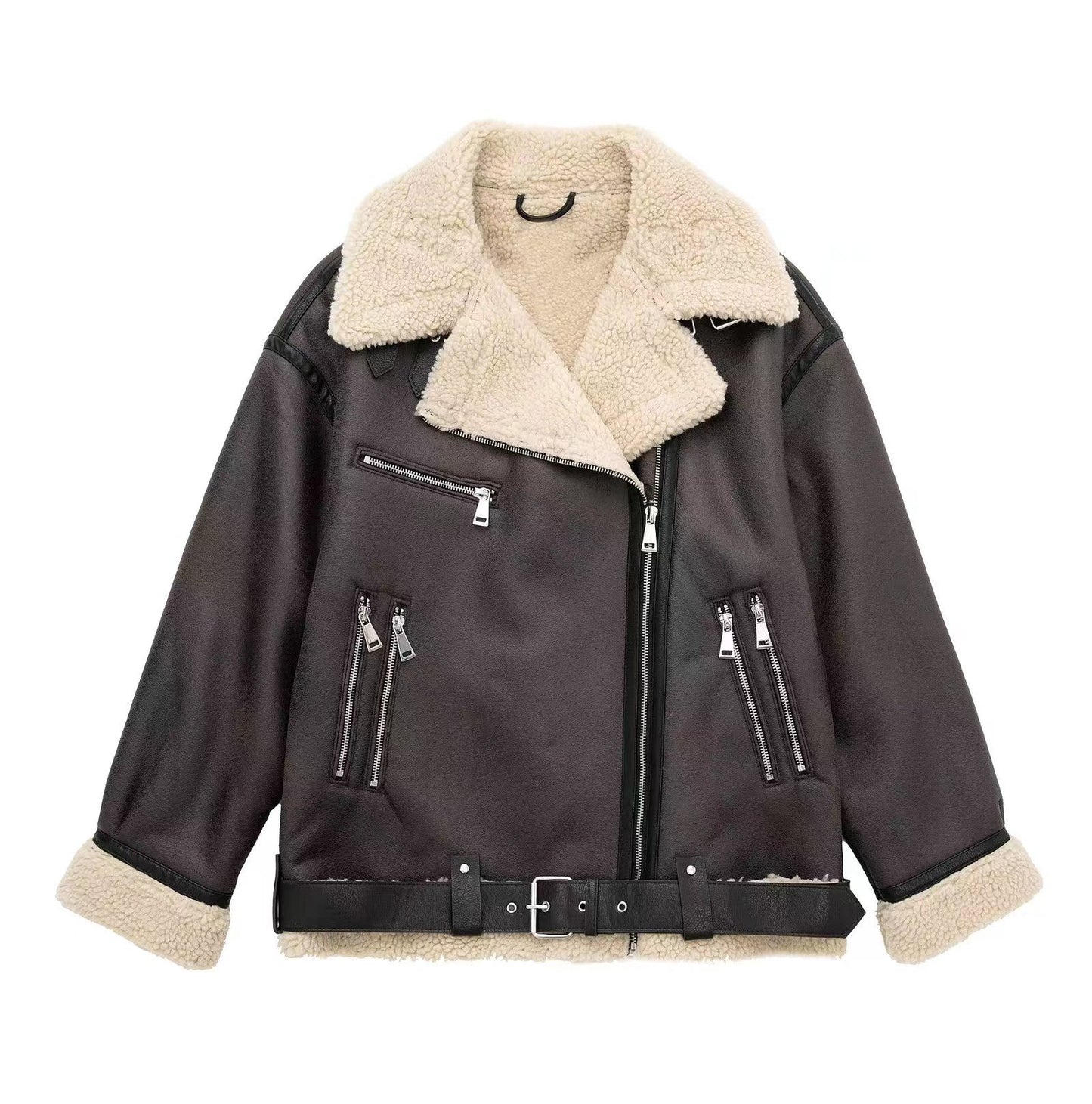 Charming Stylish Belt Zip Composite Fur Jackets