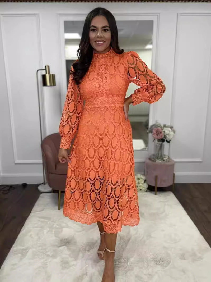 Sexy Hollow Long-sleeved Stand Collar Large Dress