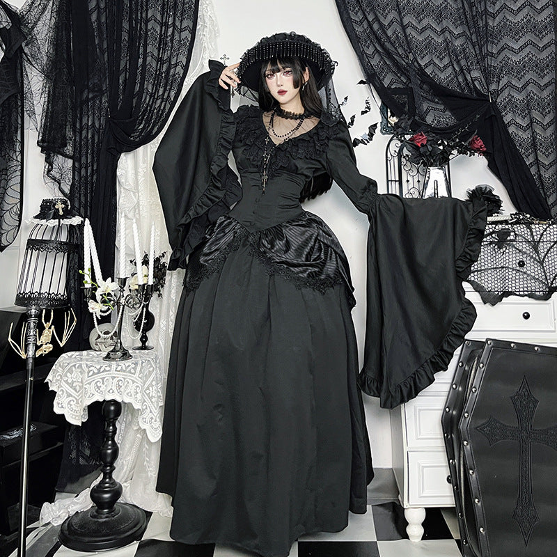 Autumn Lace Stitching Sleeves Ji Dark Blouses