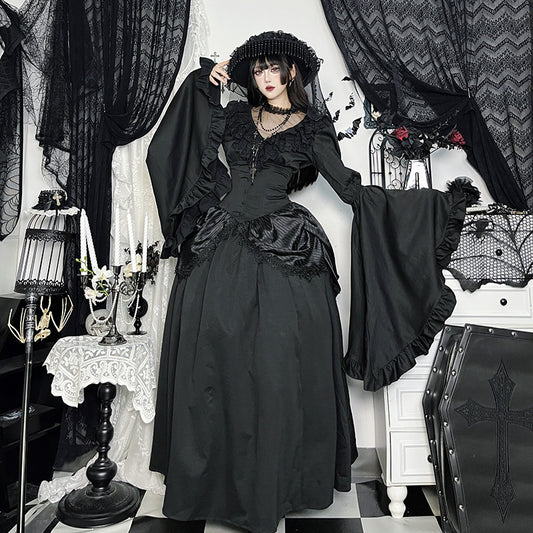 Autumn Lace Stitching Sleeves Ji Dark Blouses