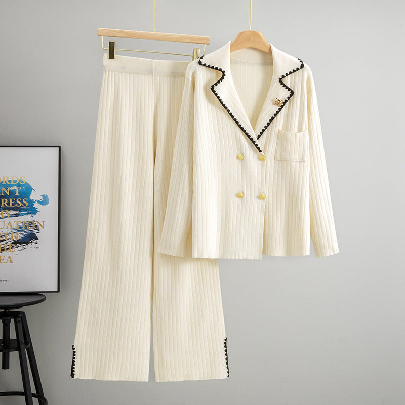 Casual Knitting Female Collar Elegant Wide Leg Suits