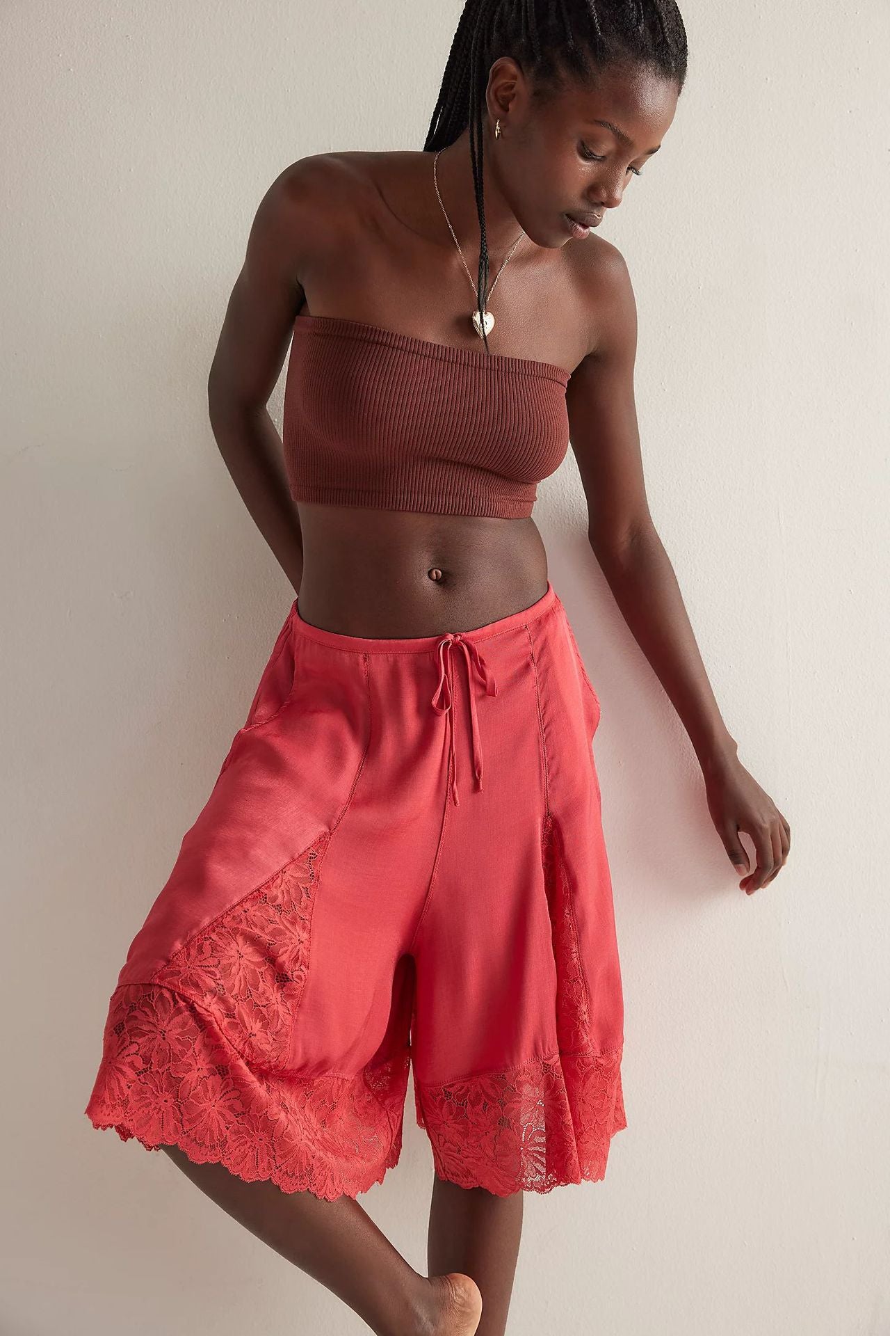 Women's Thin Satin Lace Sexy Cropped Solid Pants
