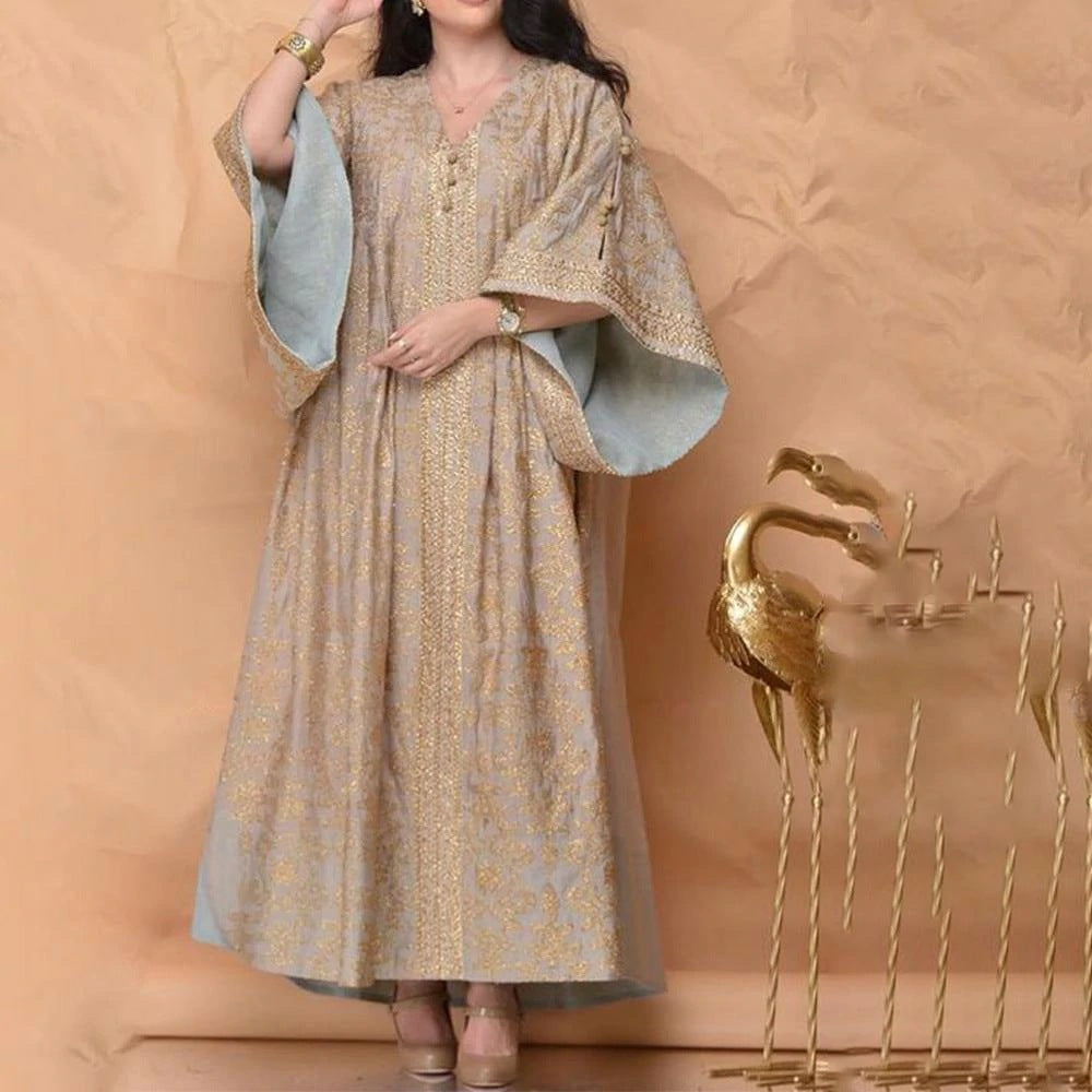 Women's Bronze Printing Embroidered Loose Flare Sleeve Dresses