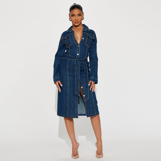 Women's Fashion Wear Denim Long-sleeved Midi Dress Jackets