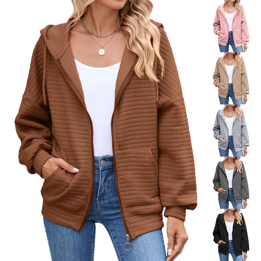 Women's Solid Color Zipper Hooded Pocket Sweatshirt Coats