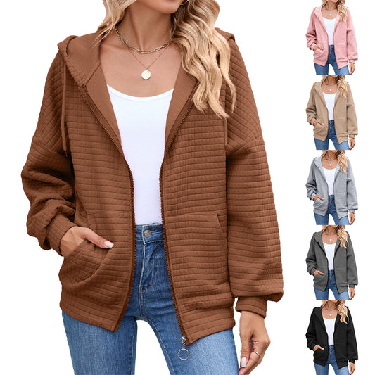 Women's Solid Color Zipper Hooded Pocket Sweatshirt Coats