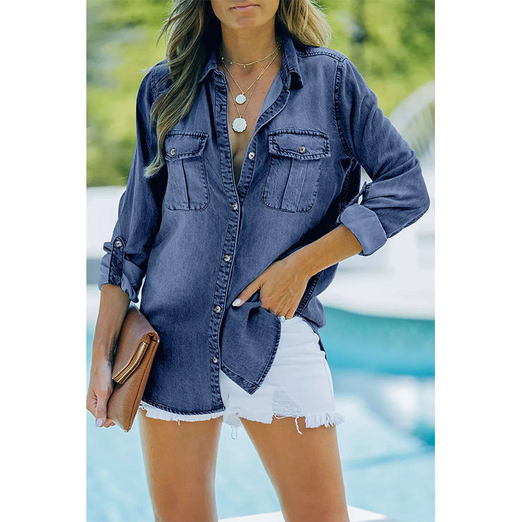 Women's Spring Lapel Pocket Shirt Female Fashion Blouses