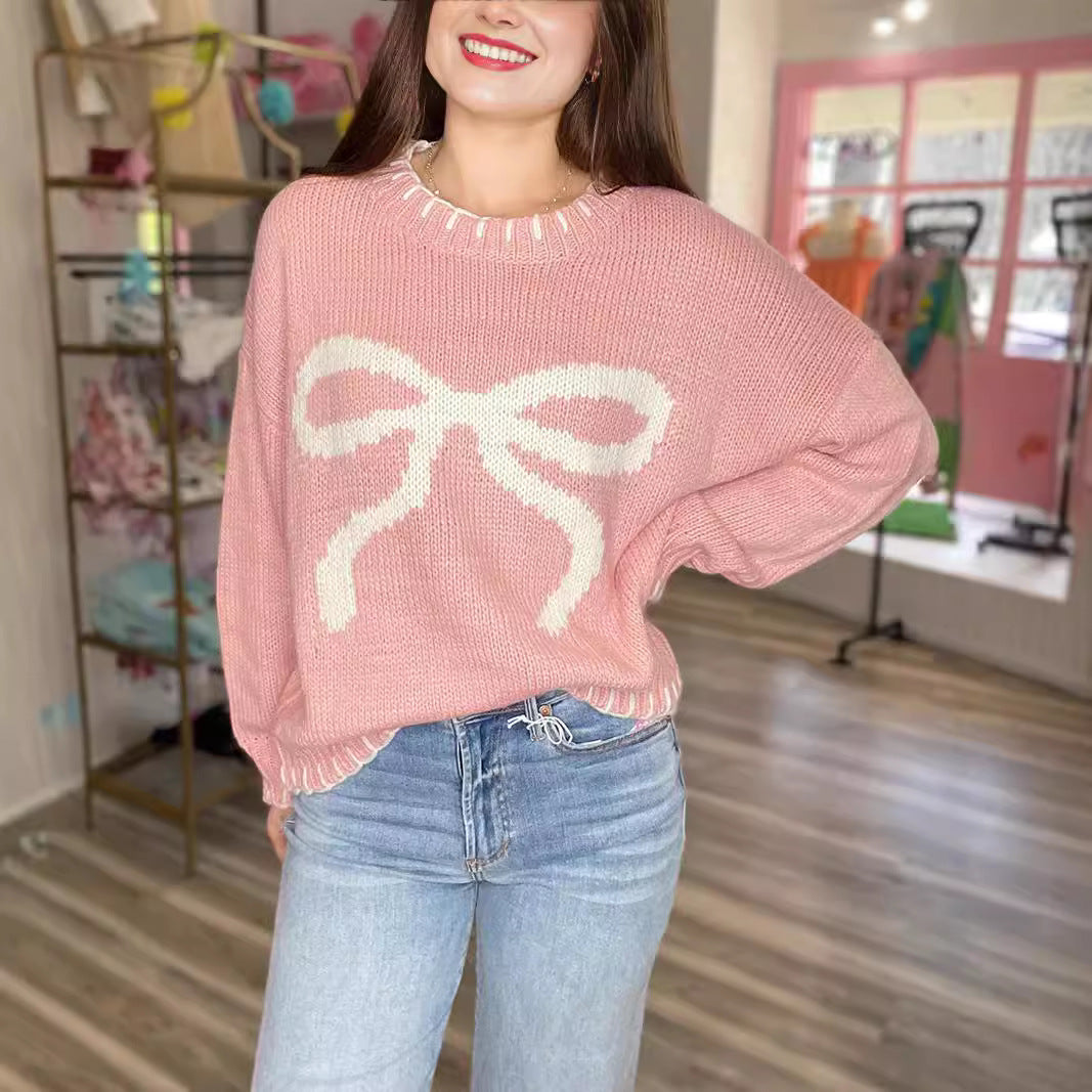 Women's Bow Brocade Idle Style Loose Warm Sweaters