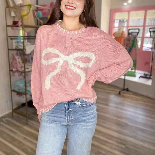Women's Bow Brocade Idle Style Loose Warm Sweaters