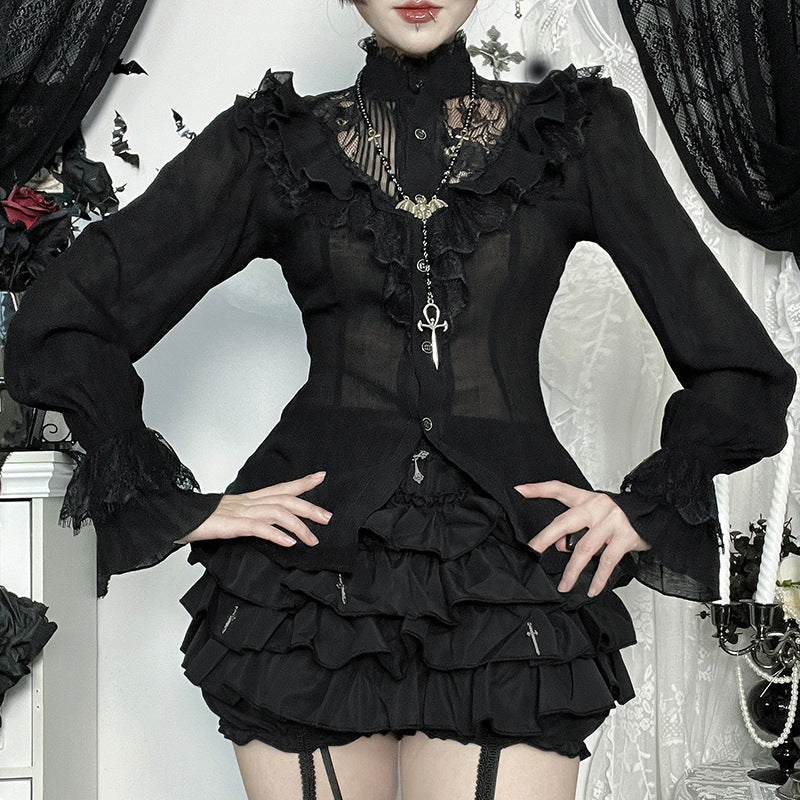 Dark Lace Long-sleeved Shirt Gothic Style Blouses