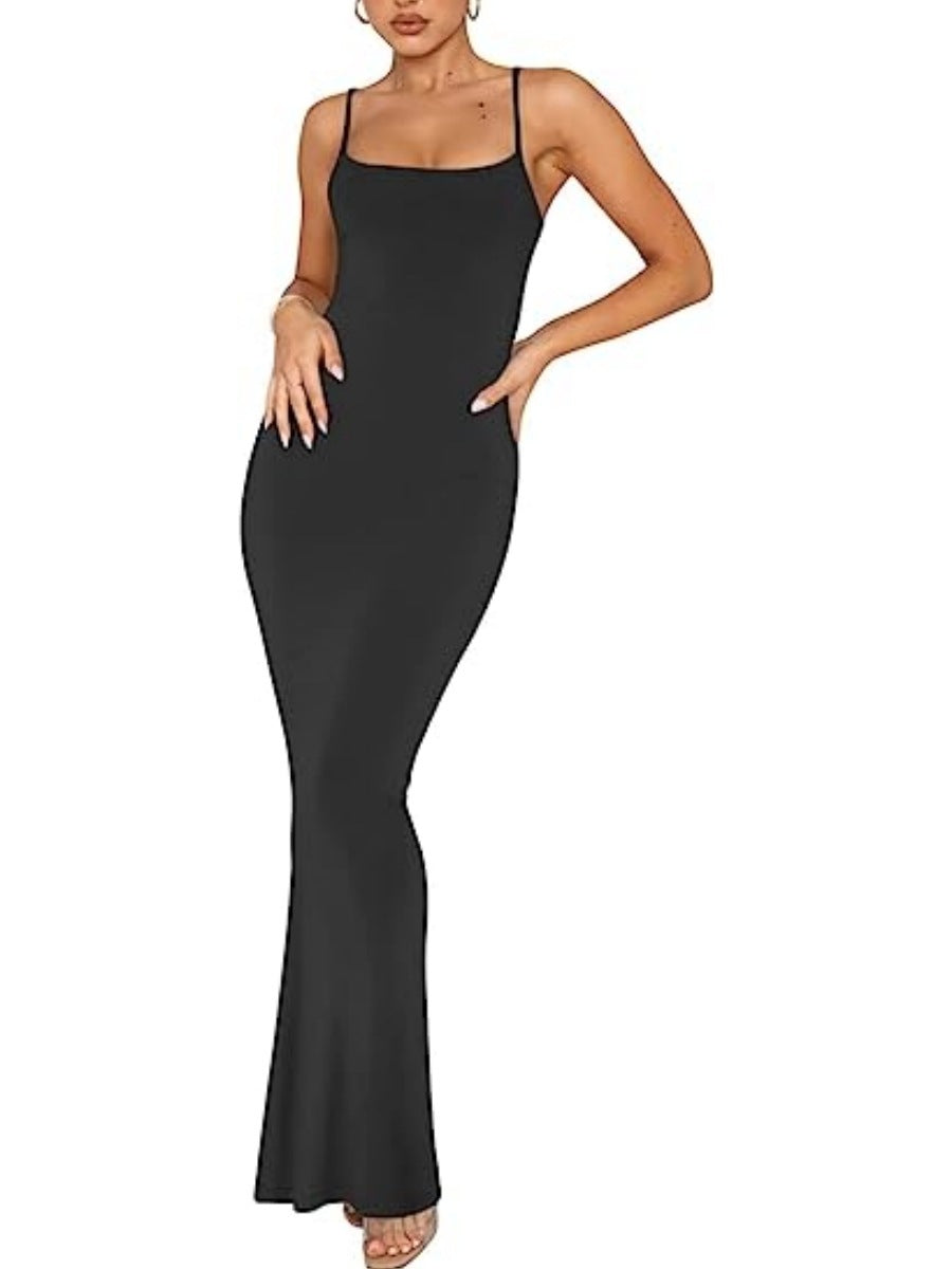 Women's Summer Solid Color Sling Casual Bottoming Rest Sexy Long Dress