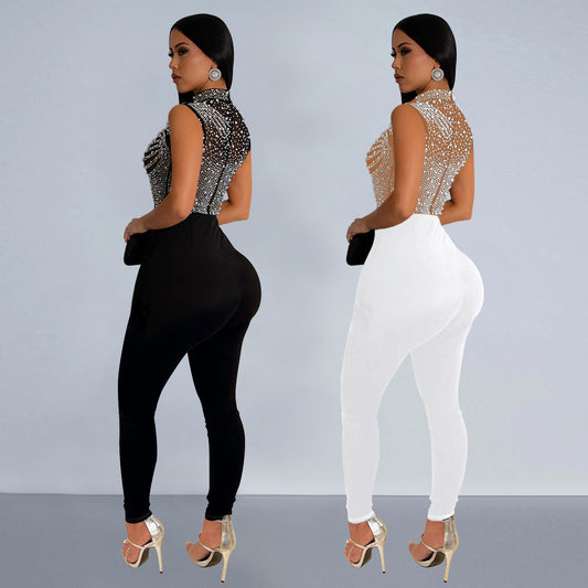 Women's Wear Pure Color Mesh Hot Drilling Jumpsuits