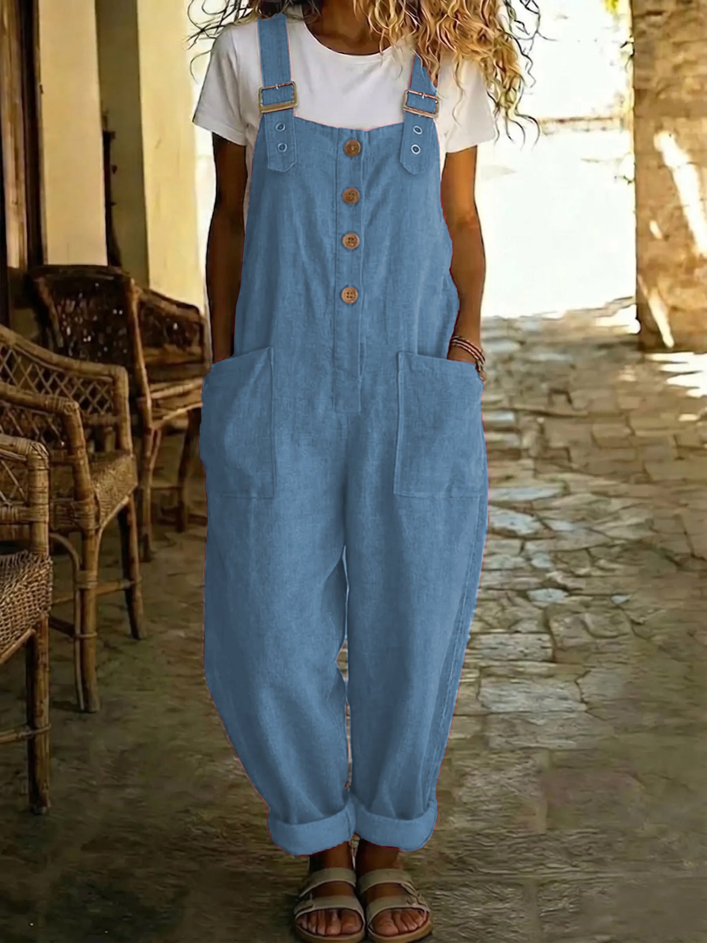Women's Summer Linen Solid Color Retro Pocket Straight Women's Jumpsuit/clothing