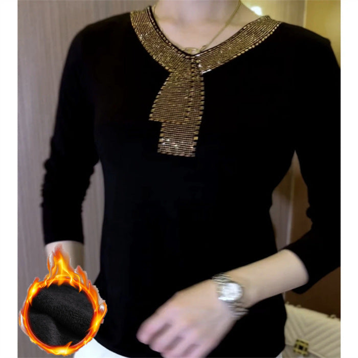 Women's Fleece-lined Thickened Winter Slimming Long-sleeved Rhinestone Women's T-shirt