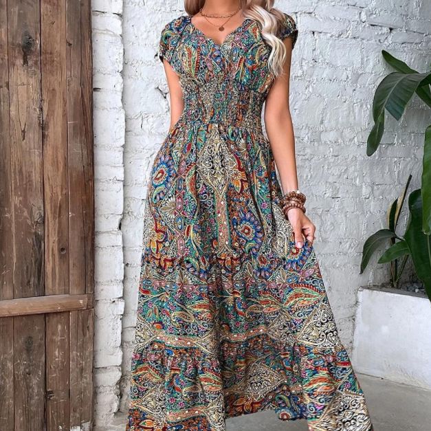 Women's Bohemian Style Floral Print Large Swing Dress