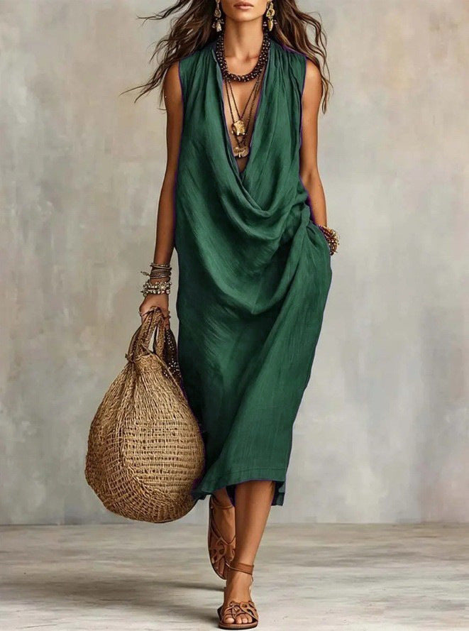 Women's Casual Sleeve Loose Swing Collar Cotton Linen Dress