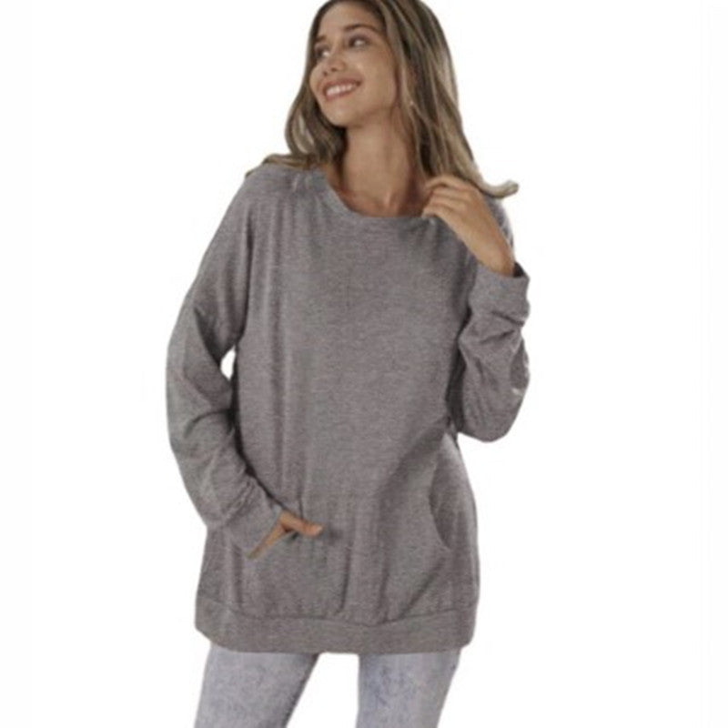 Women's Round Neck Loose Pocket Long Sleeve Tops