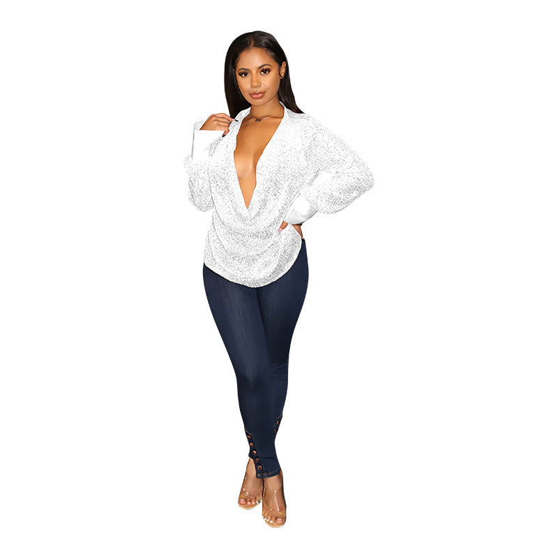 Women's Sequined Pleated Shirt Loose Casual Long Blouses