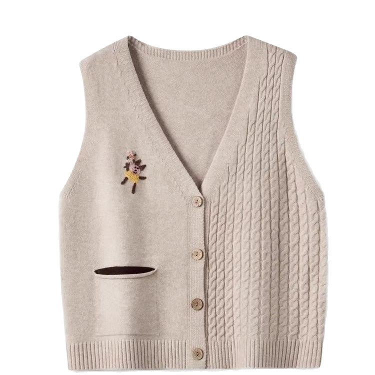 Women's Retro Twist Cartoon Embroidery Knitted Bandage Dress Women's Vest