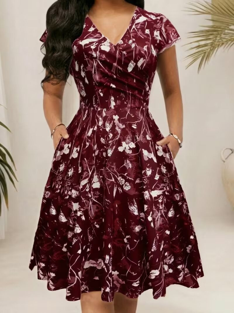 Women's Summer Pocket Sleeve Popular Floral Print Long Dress