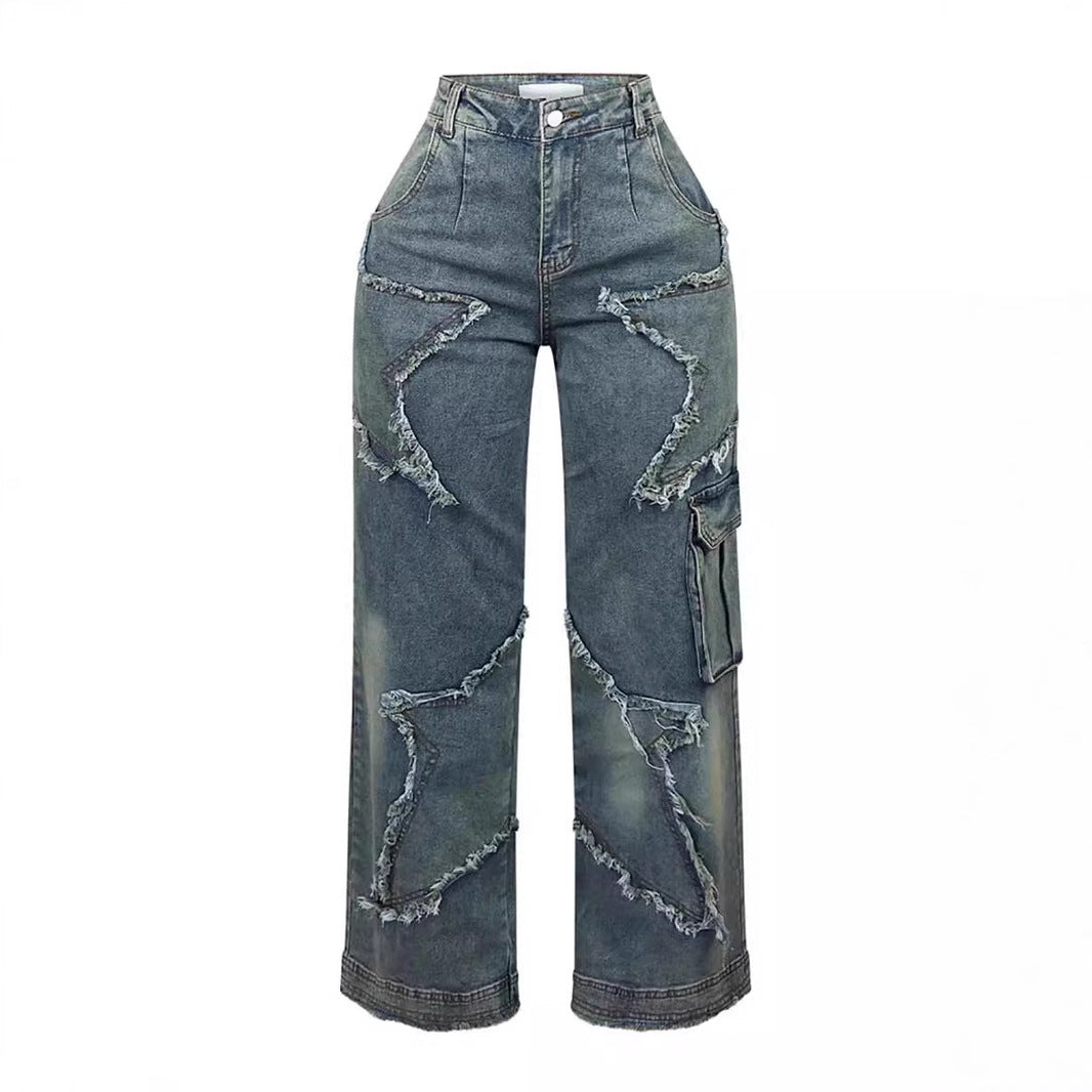Women's Fringed Burr Loose Straight Casual Jeans