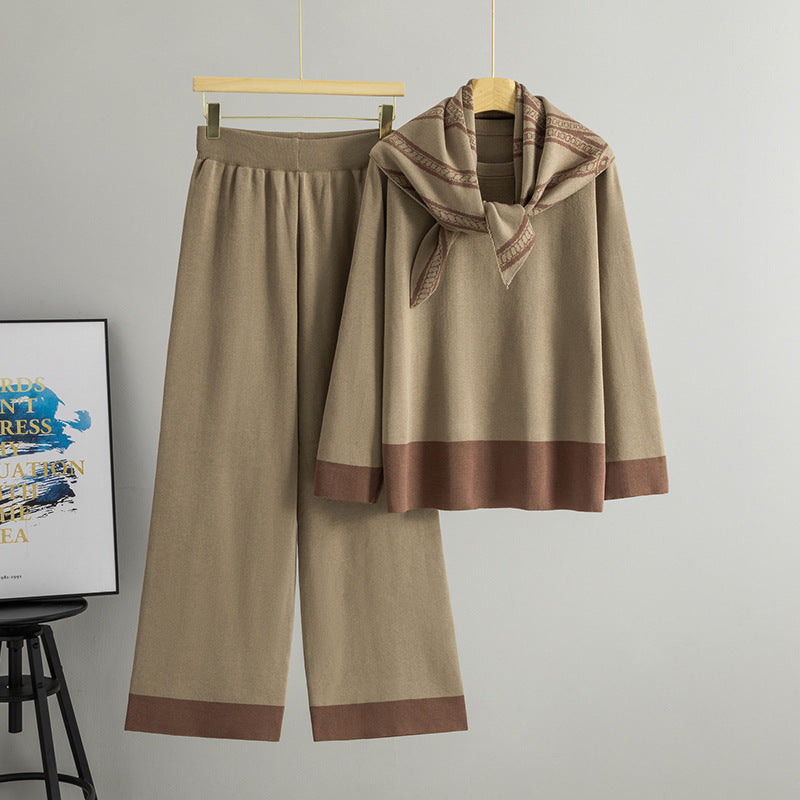 Women's Classic Style Knitting Loose Round Neck Wide Leg Scarf Three-piece Fashion Casual Suit