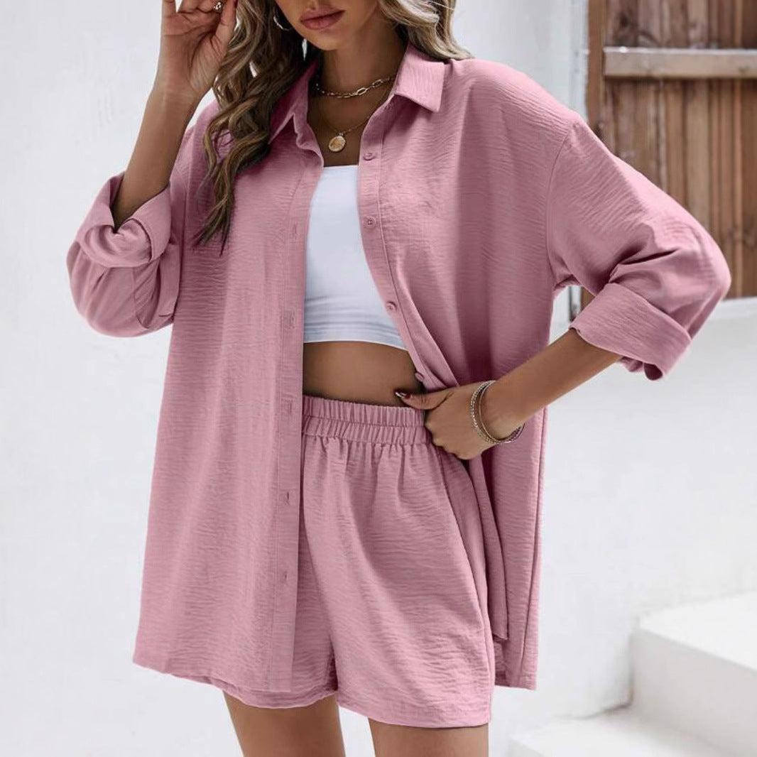 Women's Solid Color Lapel Long Sleeve Shirt Elastic High Waist Fashion Casual Suit