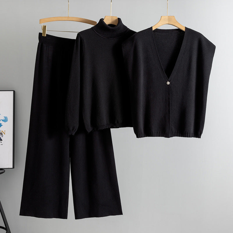 Women's Fashionable Turtleneck Wide Leg Knitted Three-piece Sweaters