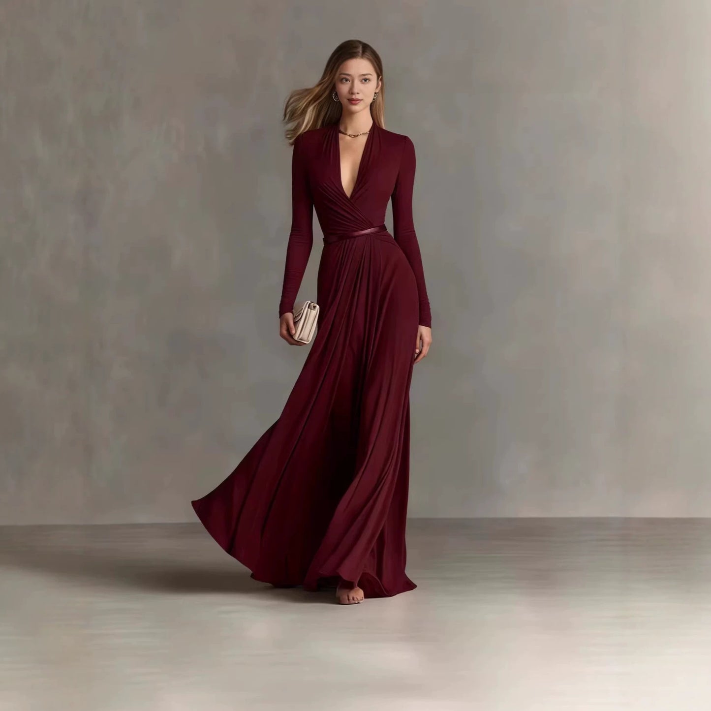 Women's Solid Color Deep V Long Sleeve Dress
