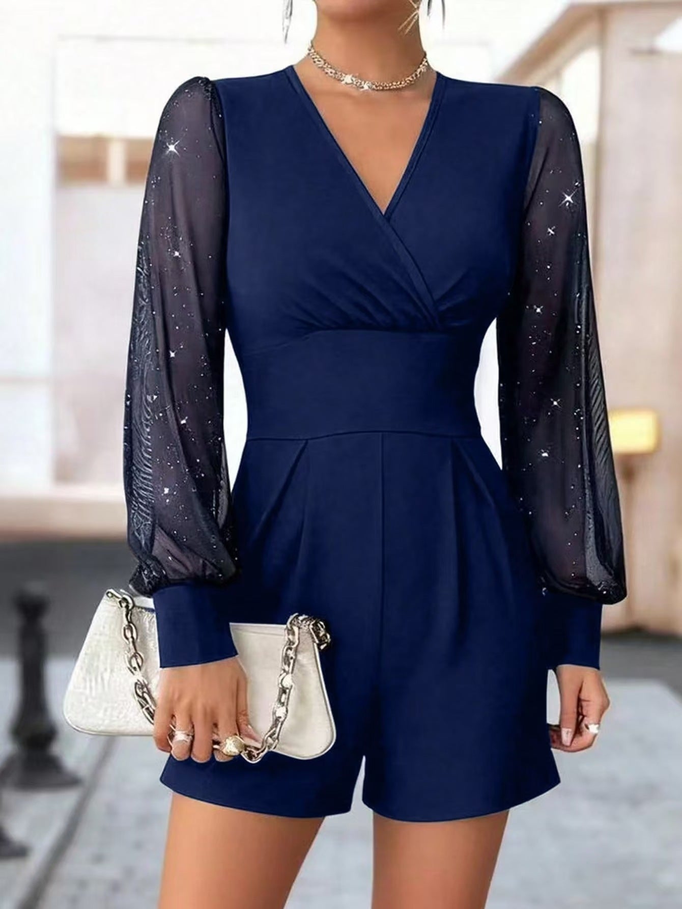 Collar Long Sleeves Sexy Mesh Stitching Jumpsuits