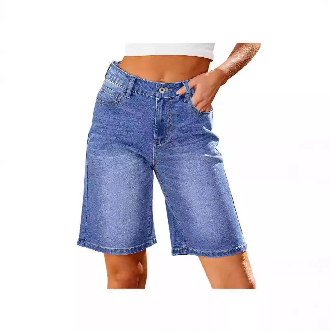 Women's Summer Washed Elastic Waist Denim Cropped Women's Jeans