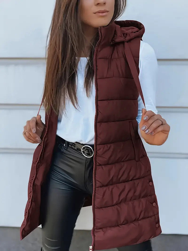 Women's Solid Color Hooded Zipper Cotton Mid-length Vests
