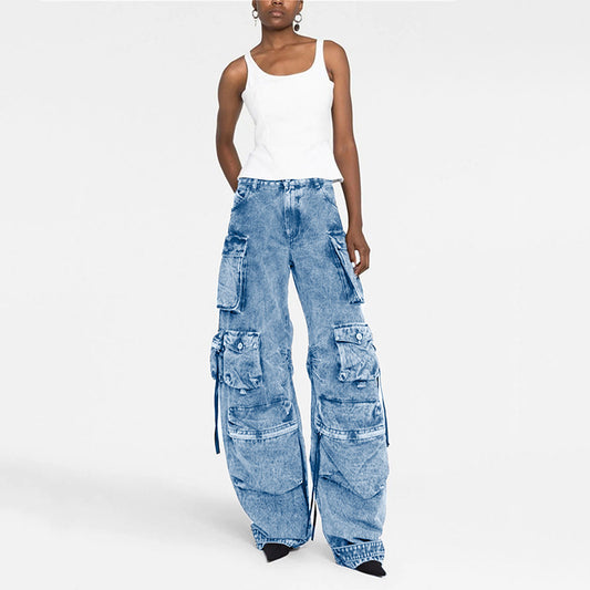 Women's Smoky Gray Stitching Cargo Street Washed Pants